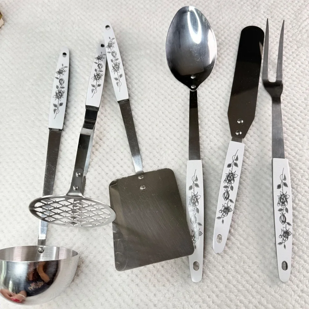 Vintage Happy Home 6 Piece MCM Tool Set Stainless Steel Floral Rose Pattern